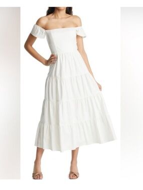Reformation Derek Size 4 White Off-Shoulder Tiered Maxi Dress 100% Cotton